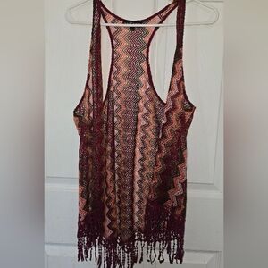 Almost Famous Brand Boho Fringe Tank Vest in Burgundy and Peach Zigzag